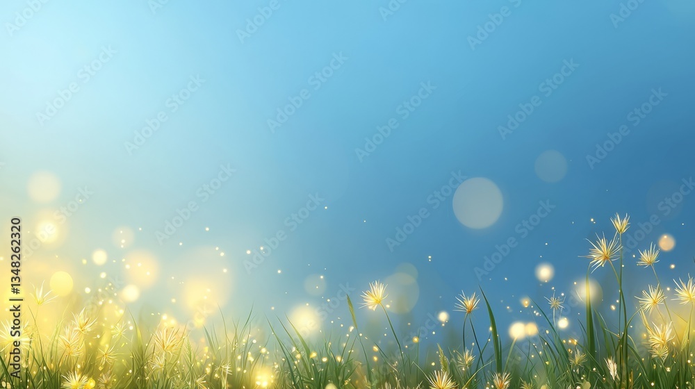 Fototapeta premium Vast meadow under a clear blue sky, serene landscape view scenic