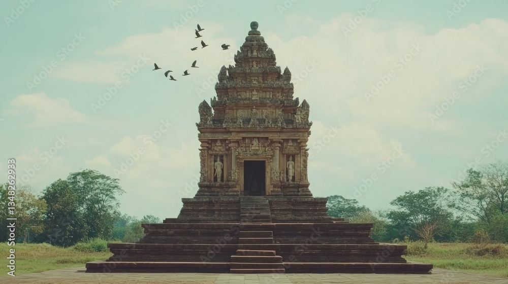 An ancient stone temple with a tiered base, surrounded by greenery and a clear sky with birds flying overhead An ancient stone temple with a tiered base, surrounded by greenery and a clear sky with birds flying overhead
