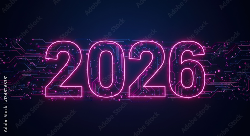 Glowing Neon 2026 Number on Circuit Board Background Digital Future Technology Concept Glowing Neon 2026 Number on Circuit Board Background Digital Future Technology Concept