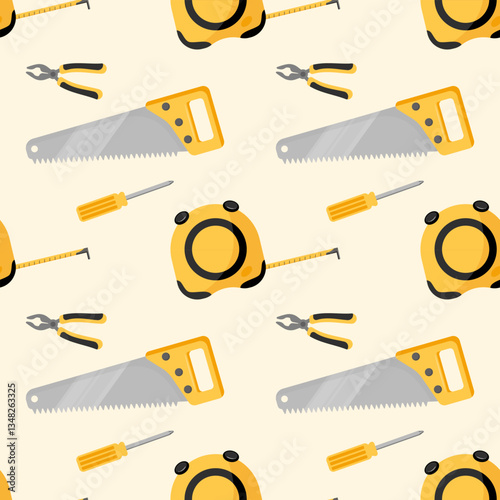 A seamless pattern featuring various hand tools, including saws, pliers, screwdrivers, and tape measures, perfect for DIY, construction, or tool backgrounds.