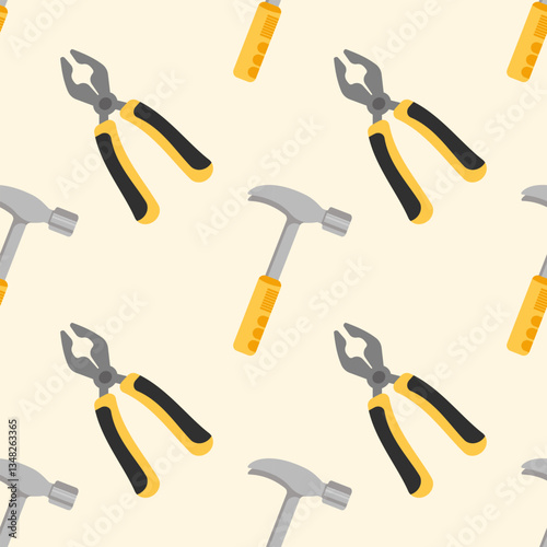 A seamless pattern featuring hand tools such as hammers and pliers, ideal for DIY, construction, or tool backgrounds.