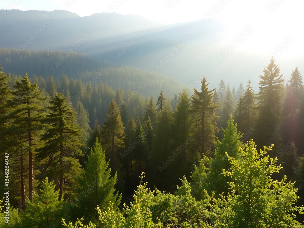Fototapeta premium Serene mountain forest bathed in soft golden sunlight. AI Generated