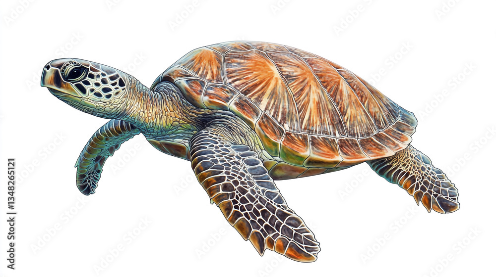 Fototapeta premium Sea turtle on a white background, detailed illustration, ocean creature, aquatic life