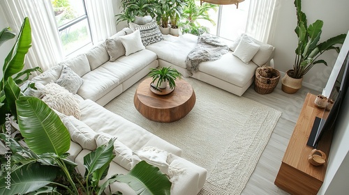 An elegant living room with cozy sofas and abundant greenery