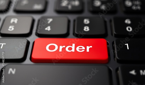 Red Order Button Glows Brightly on Dark Keyboard. AI Generated