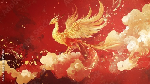 Golden Phoenix Soaring Amidst Red Clouds