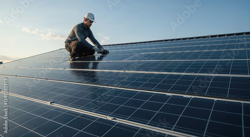 Technicians maintain and upgrade solar panels on rooftop