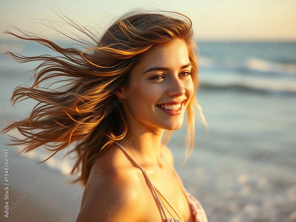 Golden sunlight bathes happy woman ocean breeze playfully tousling hair. AI Generated Golden sunlight bathes happy woman ocean breeze playfully tousling hair. AI Generated
