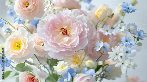 Wallpaper Mural A delicate arrangement of pastel peonies, daisies, forget-me-nots, and roses, creating a romantic and elegant floral composition. Soft hues of pink, blue, and white evoke a sense of tenderness  Torontodigital.ca