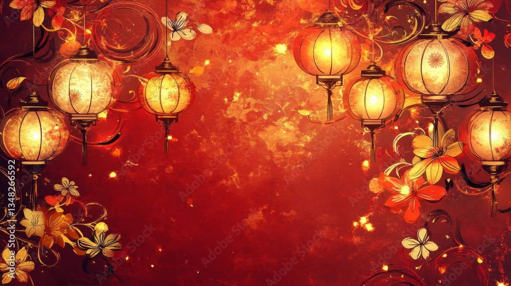 Glowing Lanterns Adorn Festive Red Floral Background Glowing Lanterns Adorn Festive Red Floral Background