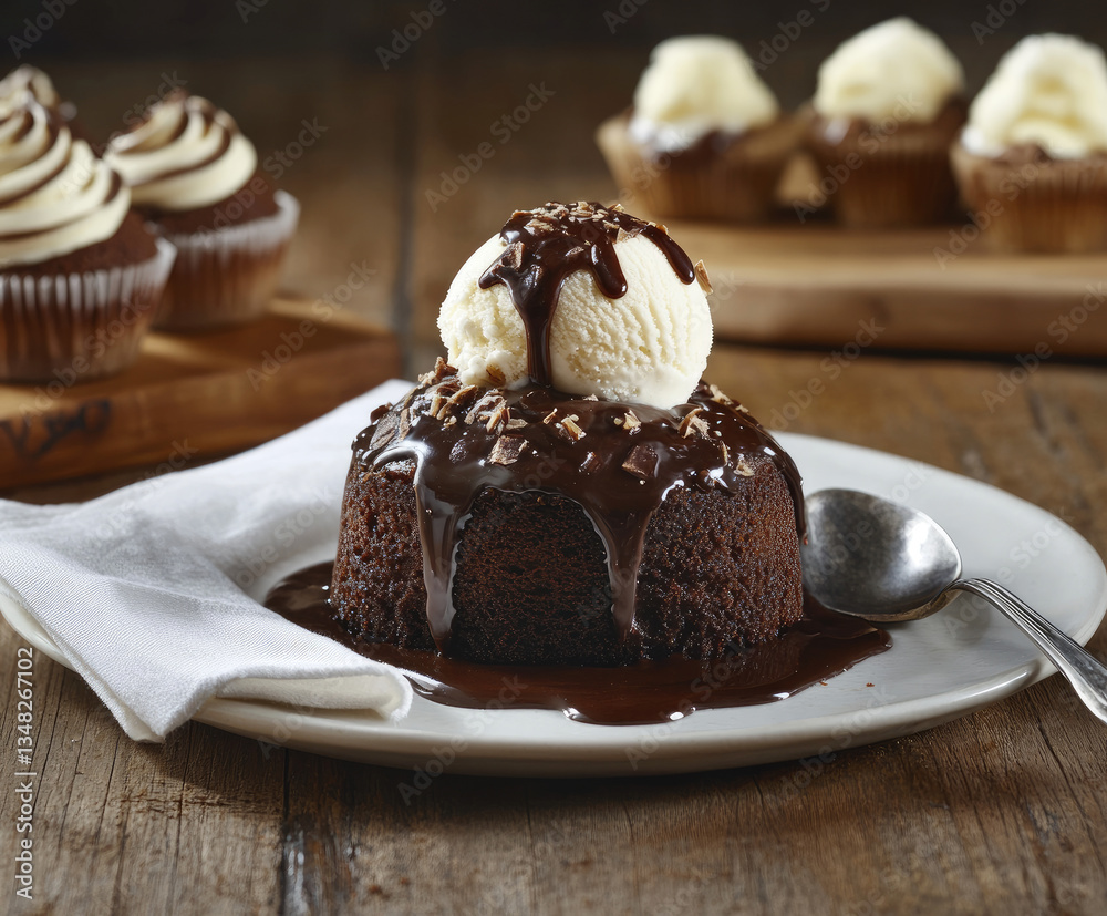 Chocolate lava cake with ice cream and chocolate sauce. Chocolate lava cake with ice cream and chocolate sauce.