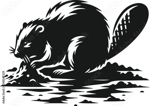Beaver digging a hole in the muddy riverbank vector