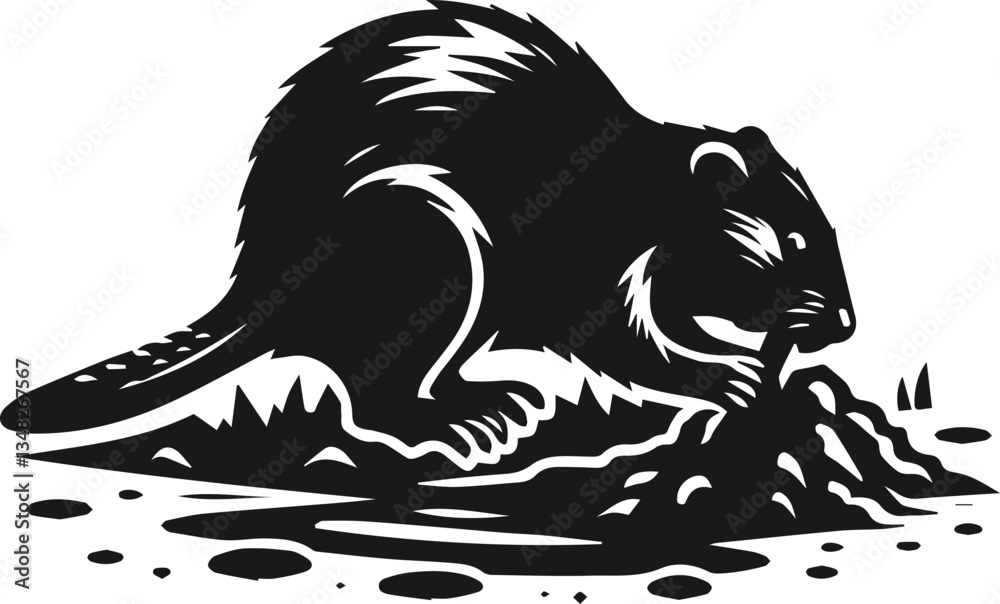 Obraz premium Beaver digging a hole in the muddy riverbank vector