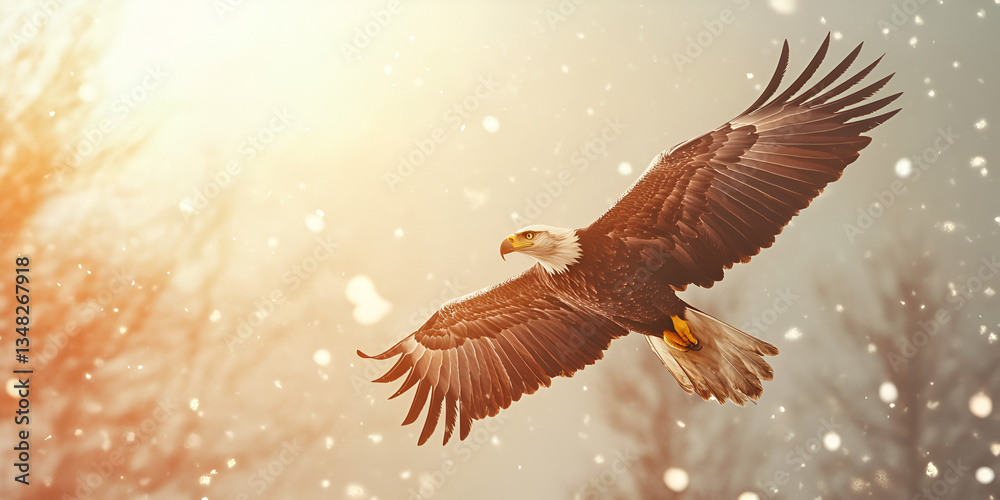 Fototapeta premium Majestic Bald Eagle Soaring in Golden Light with Bokeh Background 