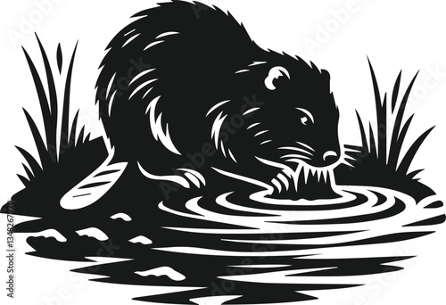 Beaver digging a hole in the muddy riverbank vector