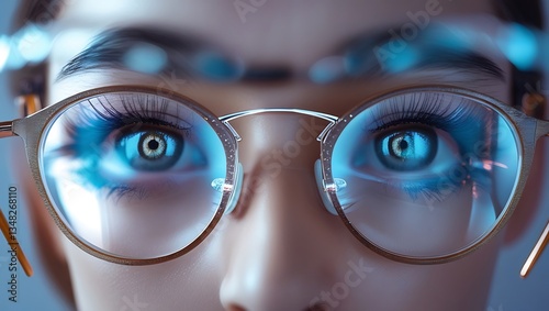 Vision of Tomorrow: A close-up of eyes reflecting technology. This photo shows a pair of eyes framed by elegant glasses, and the reflection of digital elements in their irises.
