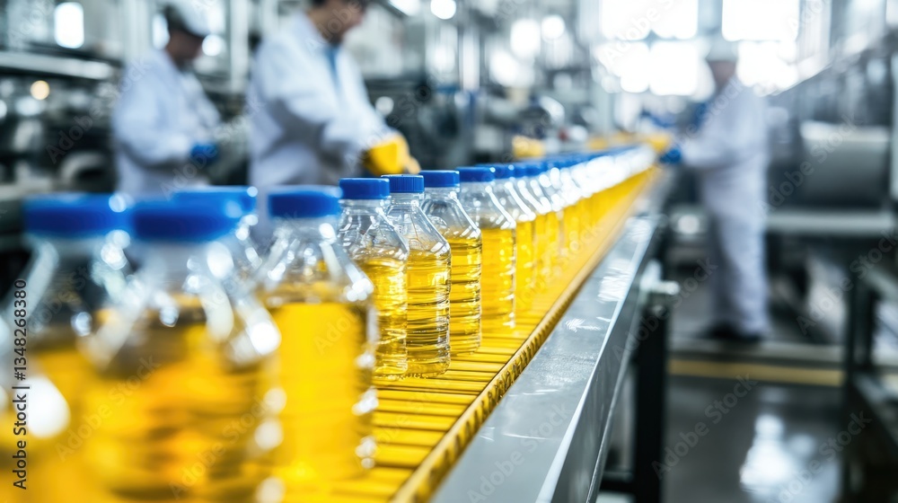 Obraz premium Bottles of Liquid Moving Along a Conveyor Belt in a Factory