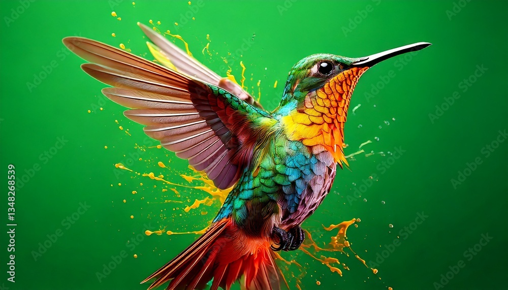 Obraz premium Abstract Hummingbird Animal Artwork with Paint Splash Details on a Green Background 