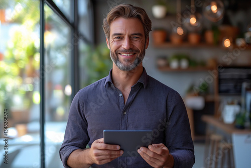 A smiling man in a button-down shirt holds a tablet. He is the focal point of an image being uploaded to Adobe Stock