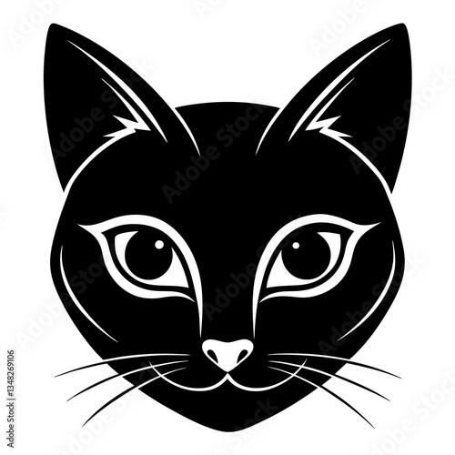 Vector illustration of a cute black and white cat face with big eyes and fur