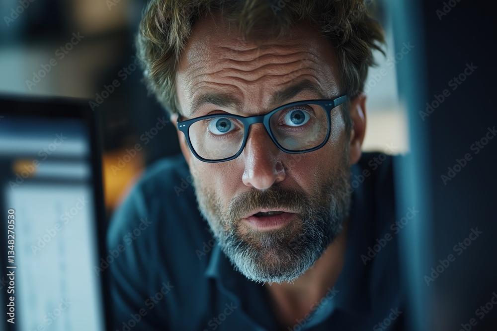 Man with glasses looking shocked in front of a computer screen Man with glasses looking shocked in front of a computer screen