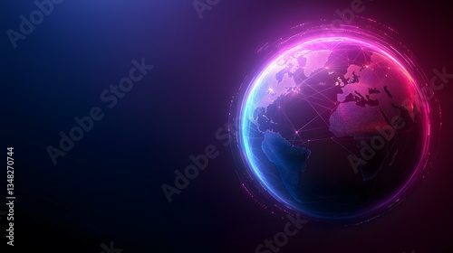 The image contains a stylized digital representation of the Earth, rendered in a dark color scheme with glowing purple and blue lines forming a network around it.A glowing digital globe is shown surr