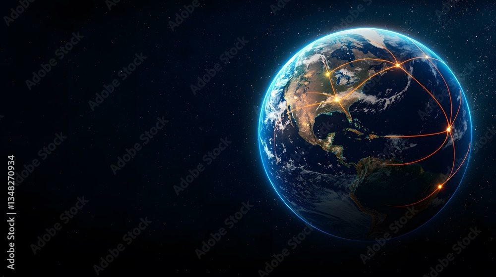 Obraz premium The image shows a depiction of planet Earth from space, with glowing orange lines illustrating interconnectedness across the globe, primarily focused on North America.