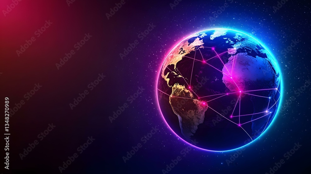 The image shows a vibrant, stylized depiction of planet Earth, glowing with neon pink and blue highlights. A network of interconnected lines representing global communication or data flows is superi The image shows a vibrant, stylized depiction of planet Earth, glowing with neon pink and blue highlights. A network of interconnected lines representing global communication or data flows is superi