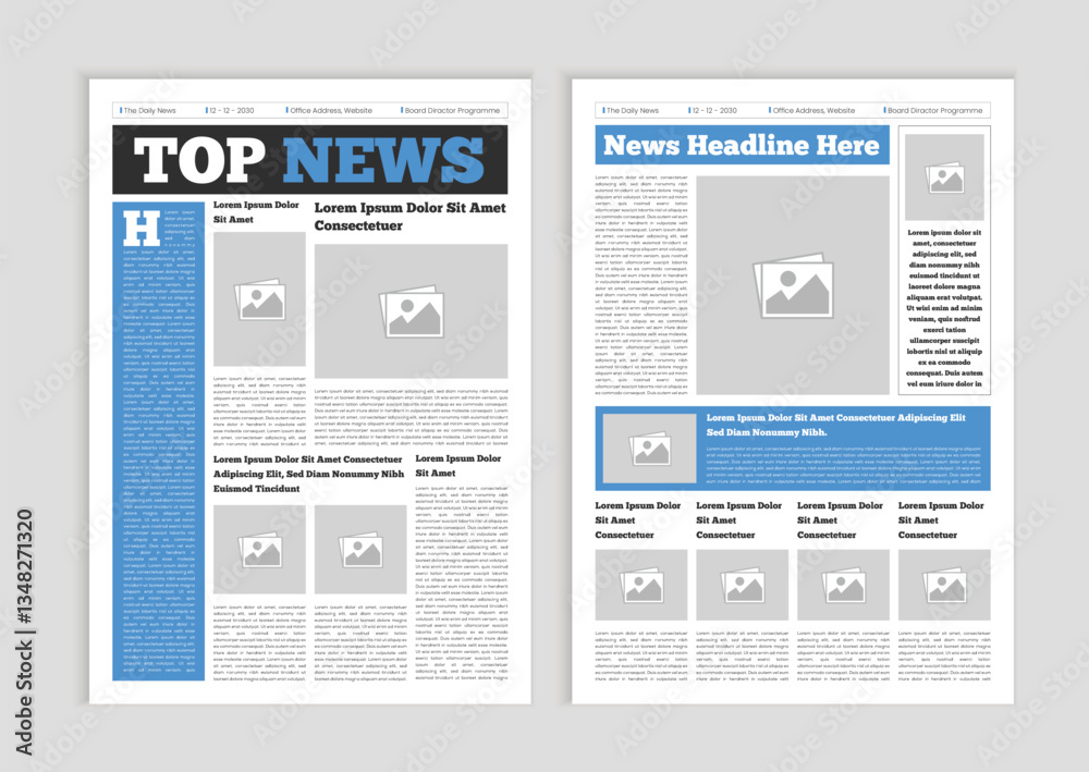 Newspaper layout template. News column articles newsprint magazine design. Brochure newspaper sheets. Editorial journal vector template design