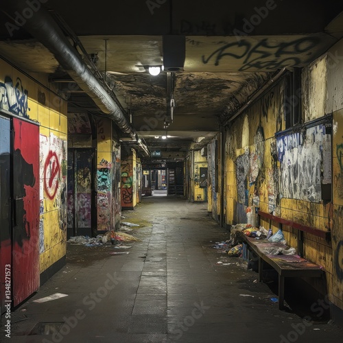 Abandoned underground tunnel, filled with graffiti and litter.  Dimly lit, and decaying