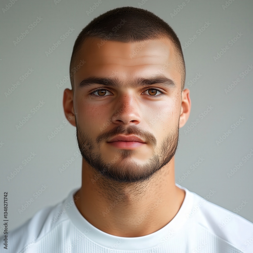 Obraz premium Portrait of a handsome man with short hair and a beard confident and direct gaze Neutral background emphasizes facial features