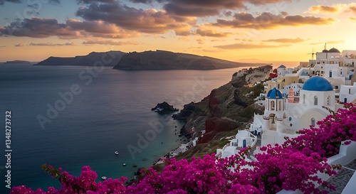 Blue Domed Churches of Santorini at Sunset
