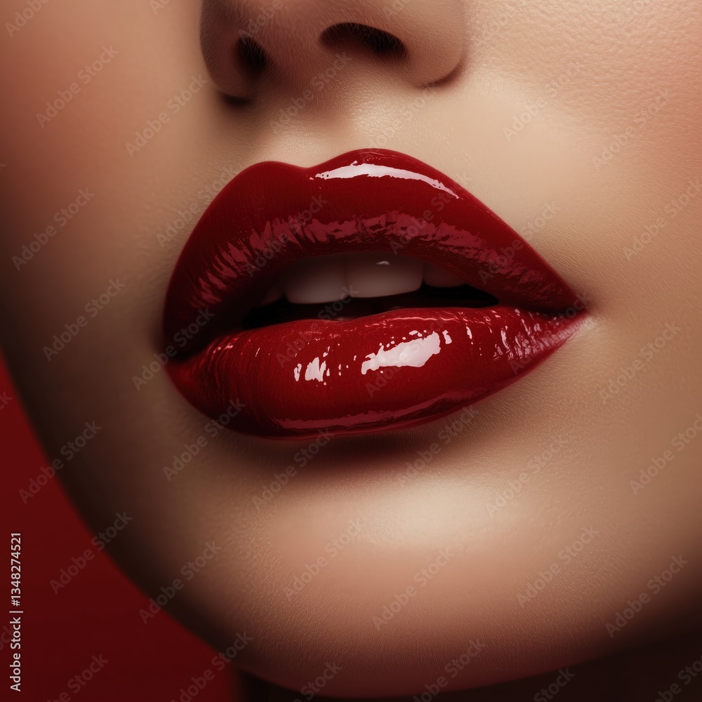 Obraz premium Close-up of a woman's face featuring glossy deep red lips and smooth skin The image highlights beauty cosmetic makeup and feminine appeal