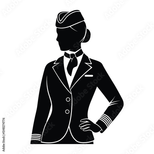 Flight Attendant Silhouette, Vector, Icon, Logo, White Background.
