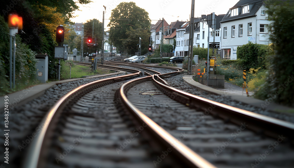 Naklejka premium Train tracks curving through a residential neighborhood at sunset. A tranquil scene with railway lines, houses, and greenery.