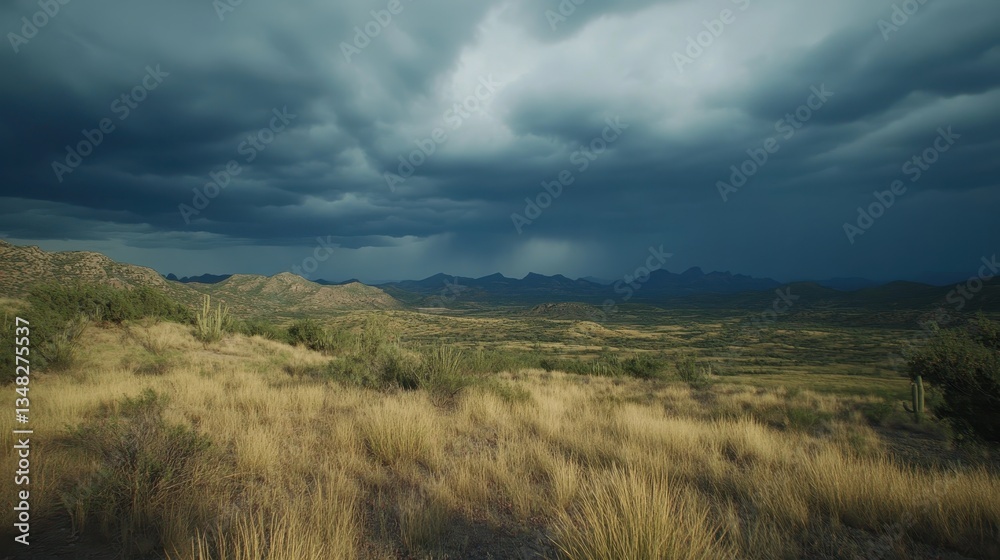 Dramatic Storm Clouds Over Desert Landscape With Lush Greenery Dramatic Storm Clouds Over Desert Landscape With Lush Greenery