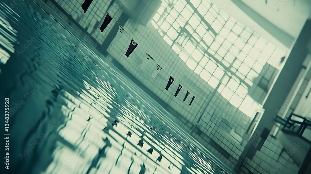 Obraz premium Serene teal swimming pool in an industrial building, calm water reflecting light, lane markers hanging above.