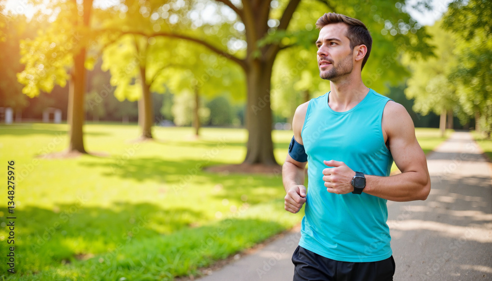 Athlete jogging in park while checking wearable device, health focus
