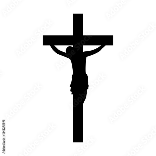Vector illustration of Jesus hanging on wooden cross silhouette on transparent background