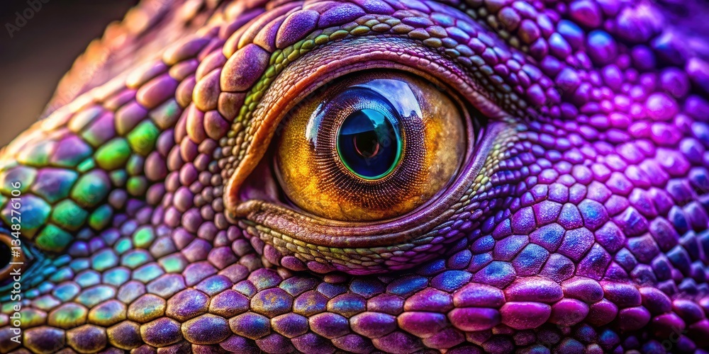 Fototapeta premium Lizard Eye Macro Photography, Purple Iris Reptile Closeup, High Depth of Field, Animal Eye Detail, Nature Photography