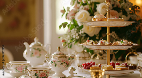 Elegant table setting for tea party with cakes and cupcakes in English manor. Vintage style.