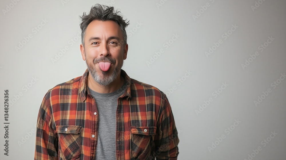 Man with a playful expression sticking out his tongue wearing a button-down shirt against a neutral backdrop Humorous portrait Man with a playful expression sticking out his tongue wearing a button-down shirt against a neutral backdrop Humorous portrait