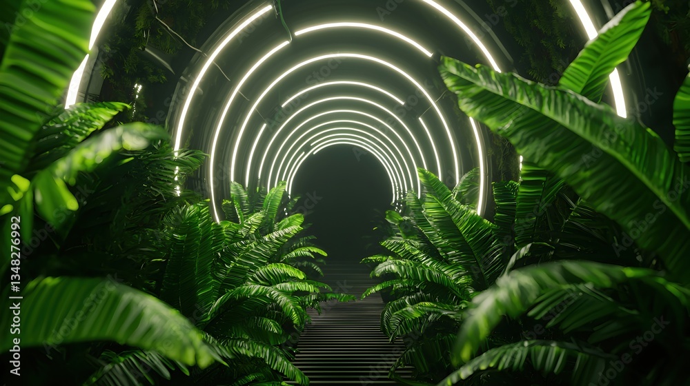 Fototapeta premium Lush Greenery and Neon Tunnel with Illuminated Circles in Background