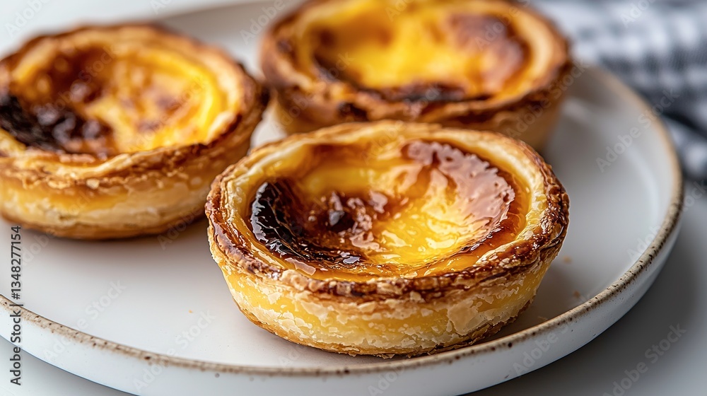 Three delicious baked custard tarts arranged on a white plate Three delicious baked custard tarts arranged on a white plate