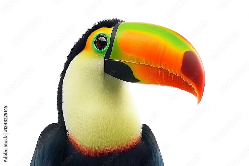 Naklejka premium Close-up toucan portrait, vibrant colors, isolated background, nature themed