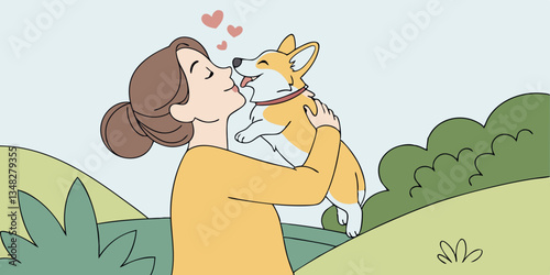Woman tenderly kisses her pet, holding it in her arms during joint walk in nature, snuggling up to it. Cute Welsh Corgi dog in arms of its owner. Expressions of love and affection for adopted animals
