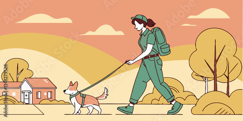 Professional dog walker, dog sitter walks a Pembroke Welsh Corgi on a leash along the sidewalk at sunset on a sunny day. Business concept for dog walking, dog sitting, pet care.
