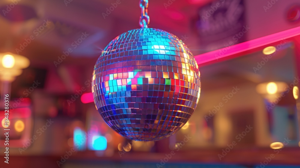 Fototapeta premium Close-up of disco ball glowing under colorful neon lights, with blurred lights and reflections creating a bright and festive nightclub scene.