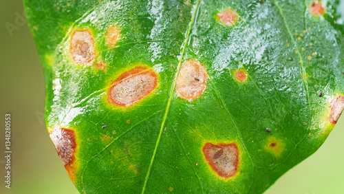 Coffee leaf infected with hemileia vastatrix, a leaf rust fungal disease affecting plants