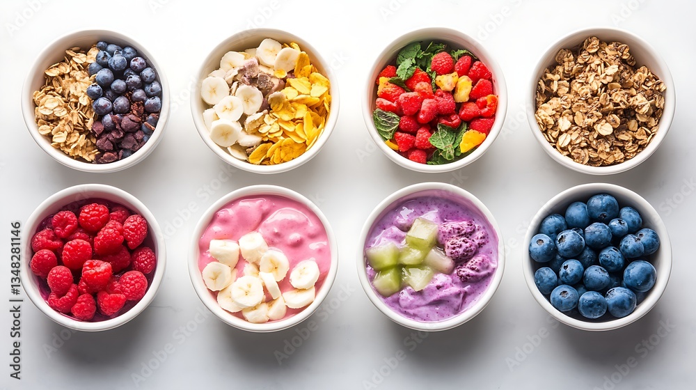A top-down view of multiple colorful açaí bowls A top-down view of multiple colorful açaí bowls